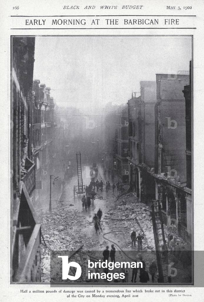 Aftermath of the fire at Barbican, City of London, 21 April 1902 (b/w photo)