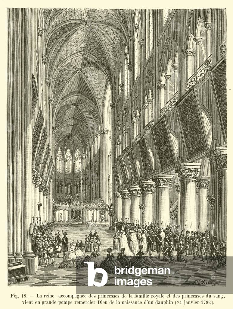 La reine, accompagnee des princesses de la famille royale et des princesses du sang, vient en grande pompe remercier Dieu de la naissance d'un dauphin, 21 janvier 1782 (engraving)