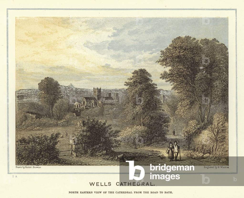 Wells Cathedral, north eastern view of the cathedral from the road to bath (colour litho)