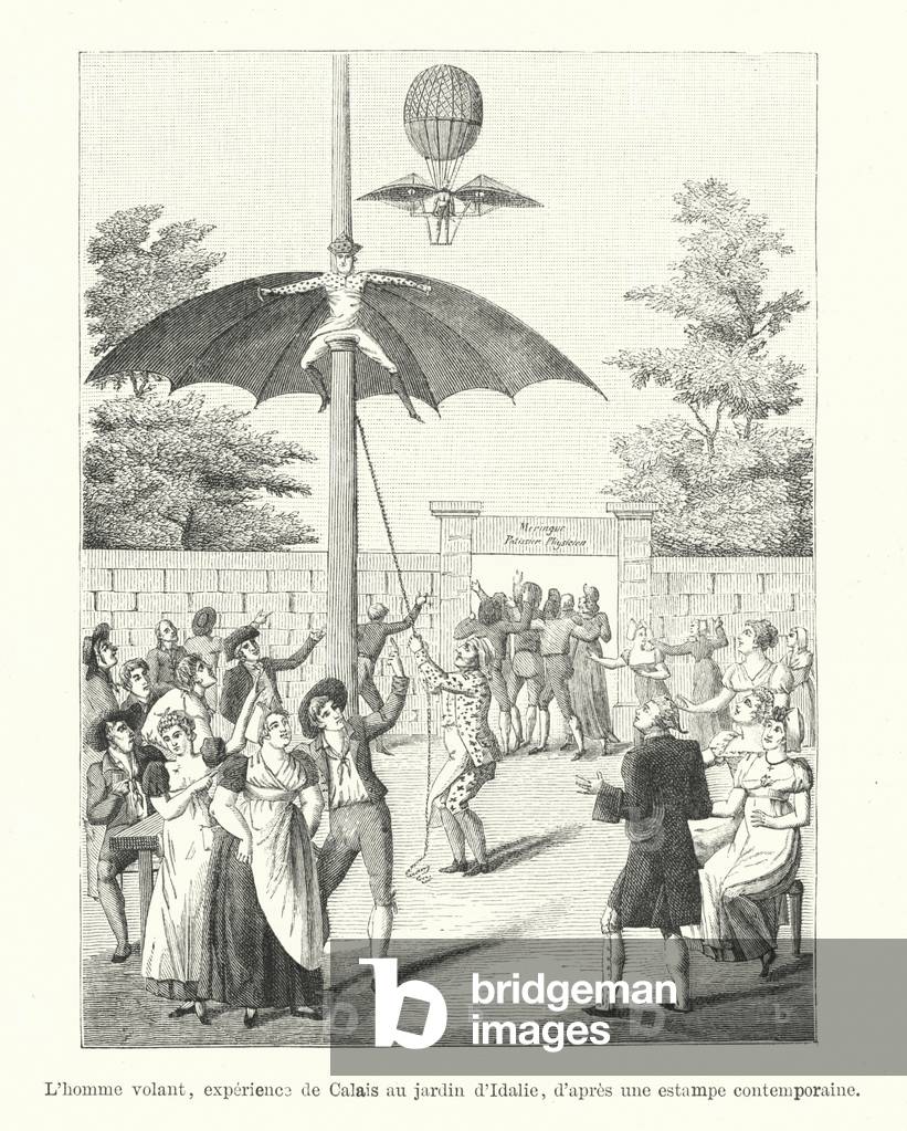 L'homme volant, experience de Calais au jardin d'Idalie, d'apres une estampe contemporaine (engraving)