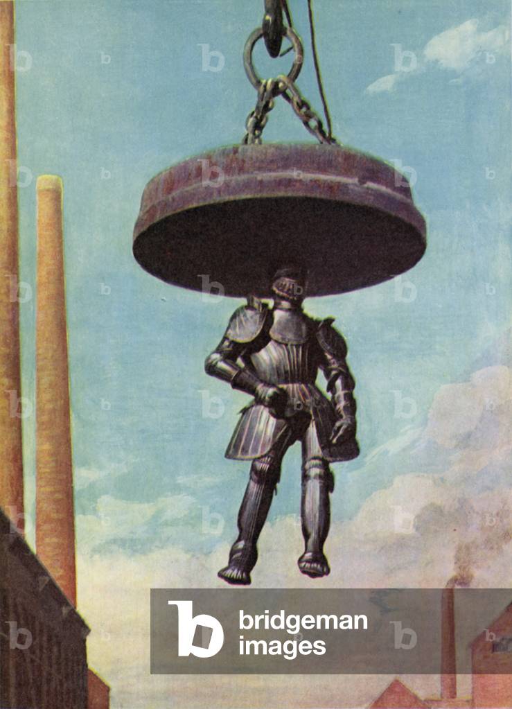 Lifting a metal sculpture using a large electromagnet (colour litho)