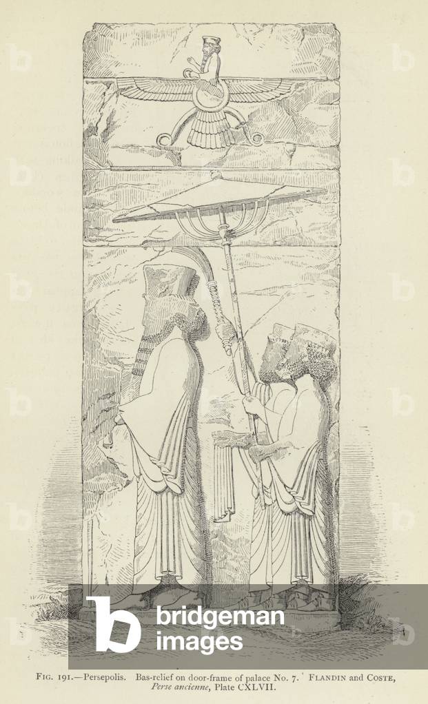 Persepolis, Bas-relief on door-frame of palace No 7 (engraving)