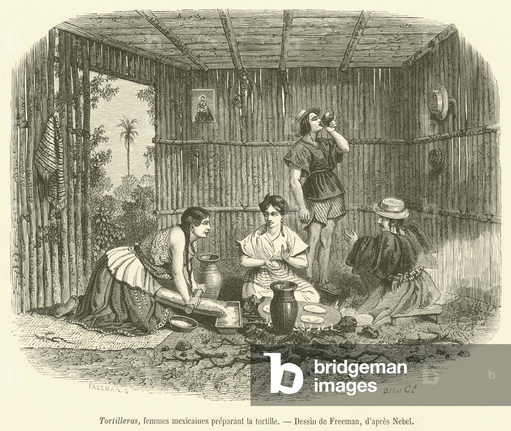 Tortilleras, femmes mexicaines preparant la tortille (engraving)