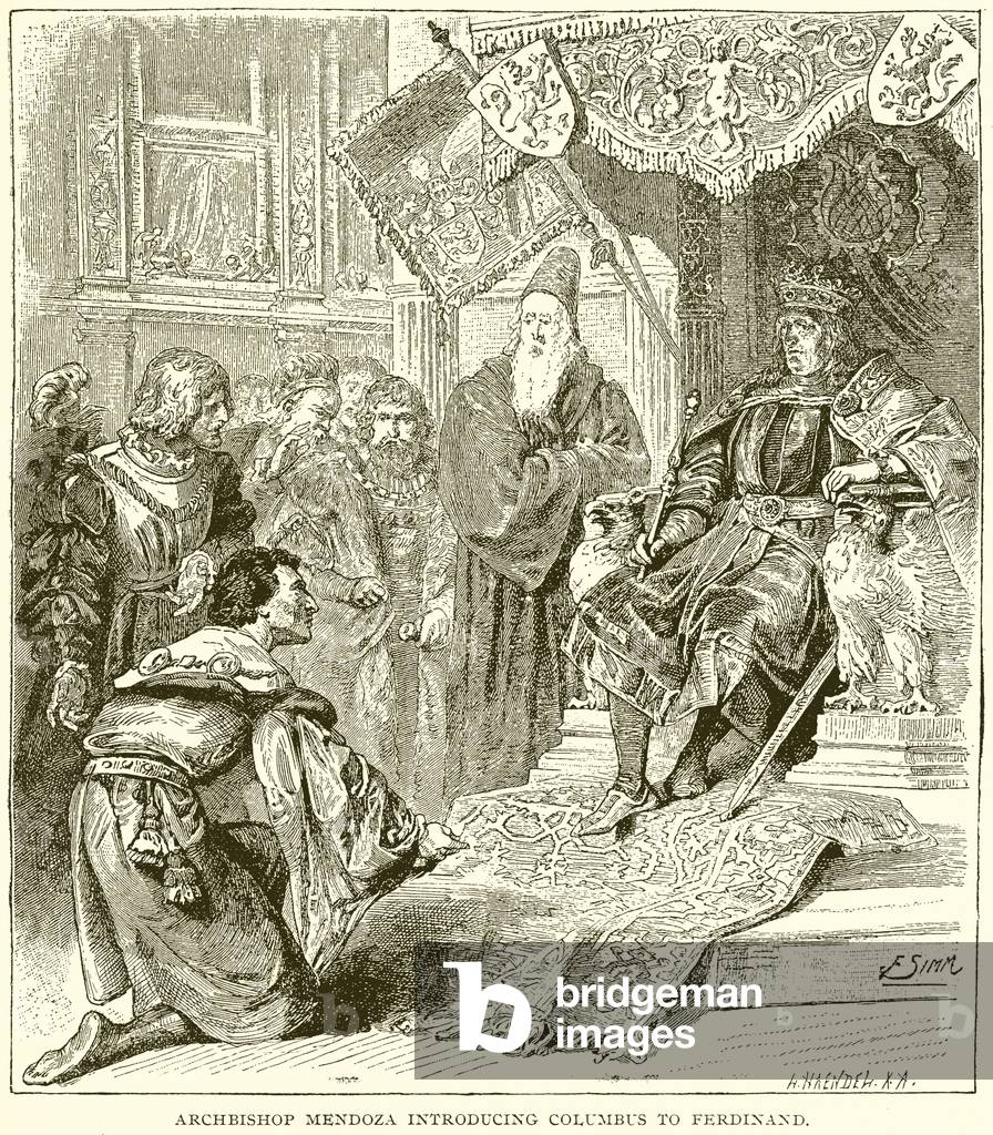 Archbishop Mendoza introducing Christopher Columbus to King Ferdinand (engraving)