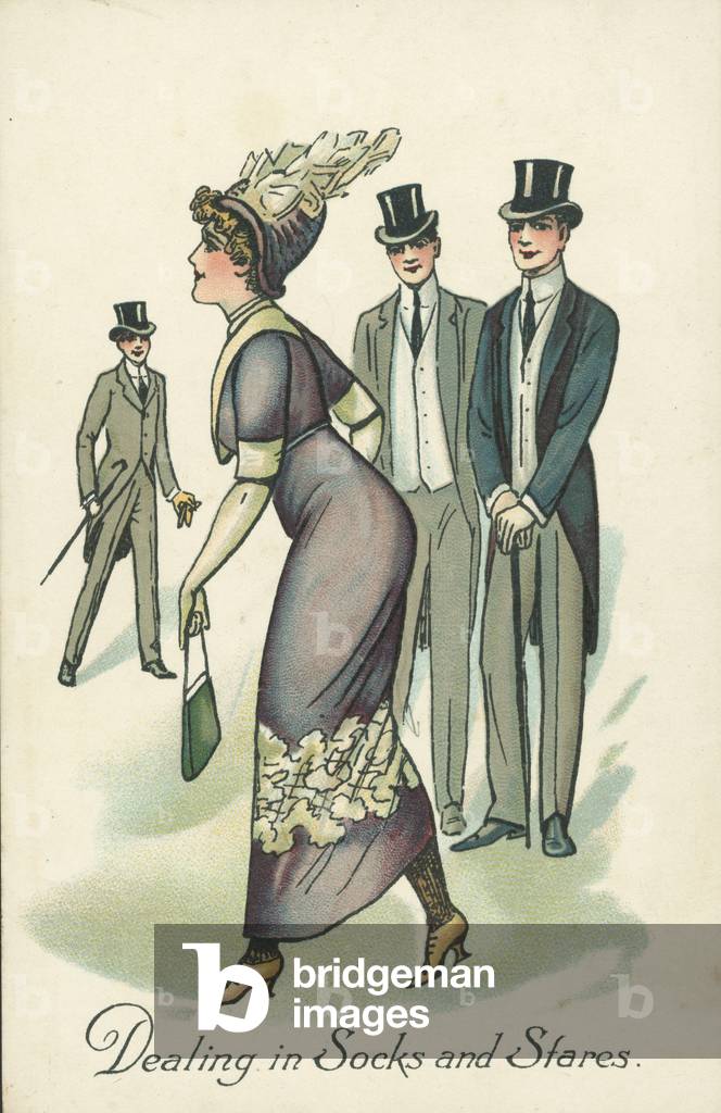 Young woman attracting the attention of young men (colour litho)