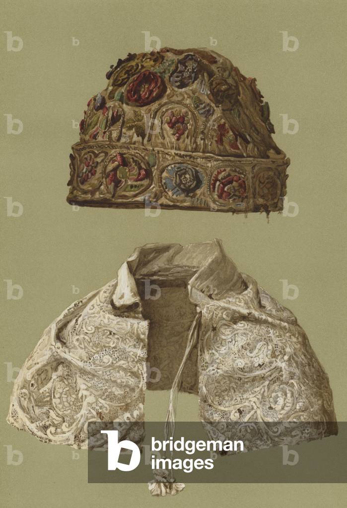 Skull-Cap of King Charles I, Lace Collar (chromolitho)