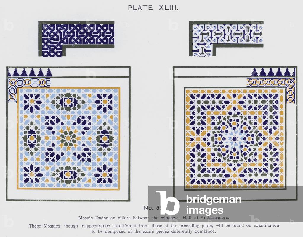 Mosaic Dados on pillars between the windows, Hall of Ambassadors (colour litho)