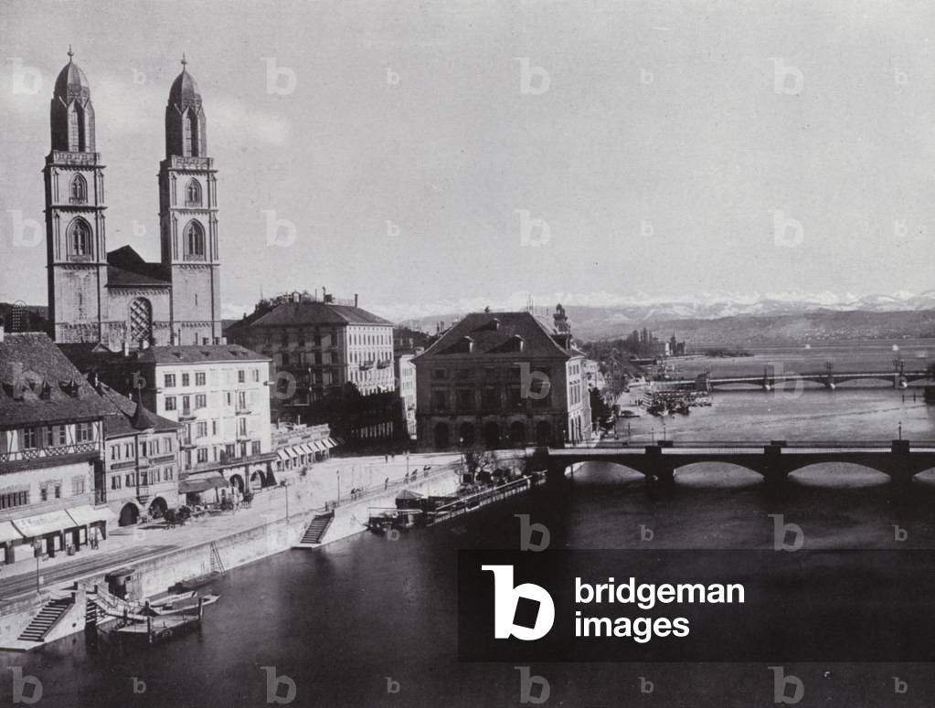 Zurich, Grossmiinster und die Alpen (b/w photo)