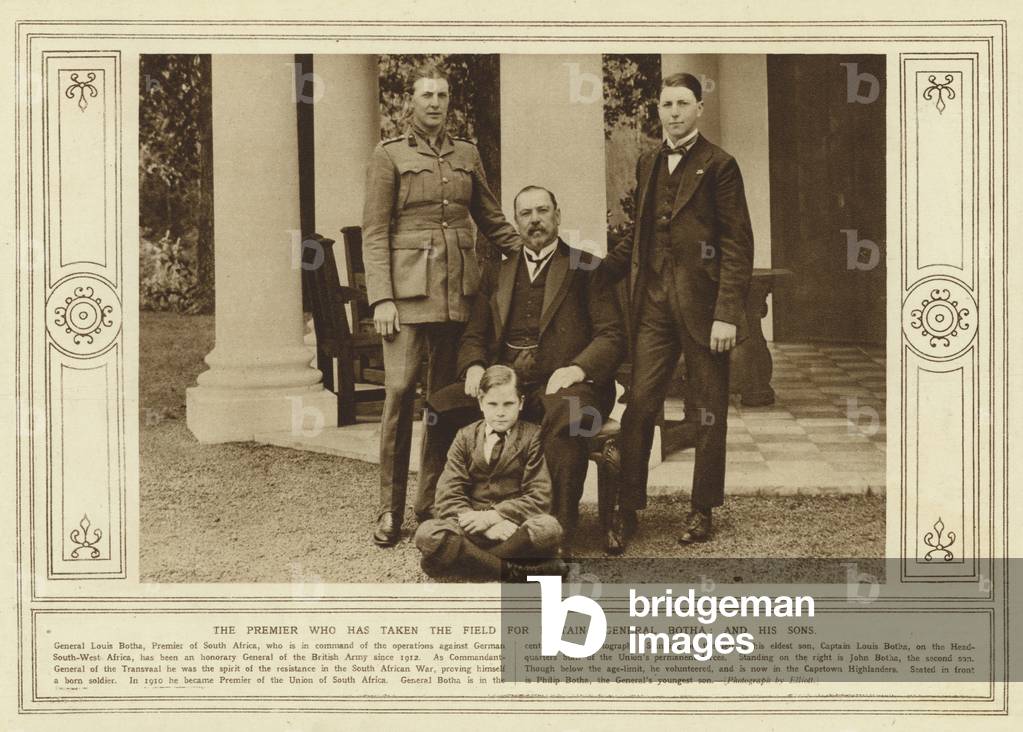 The premier who has taken the field for Britain, General Botha, and his sons (b/w photo)