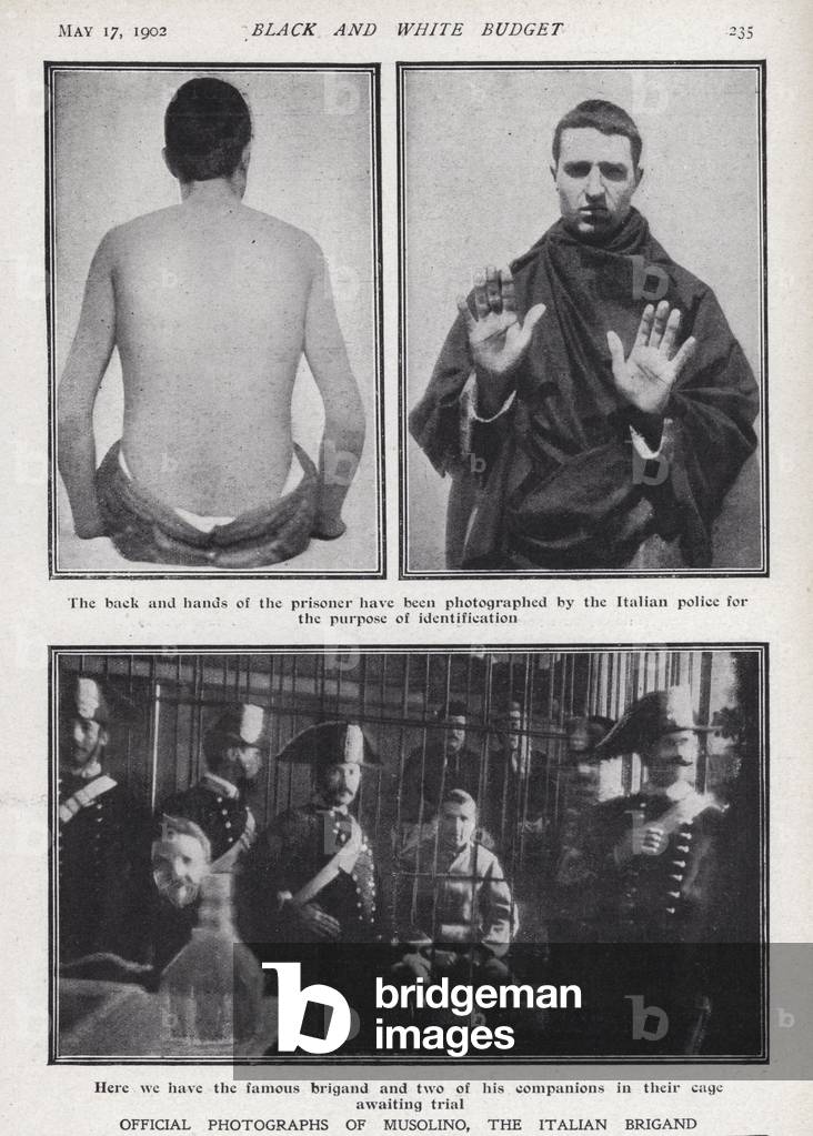 Giuseppe Musolino, Italian brigand and folk hero, in custody after his capture by the police in 1901 (b/w photo)