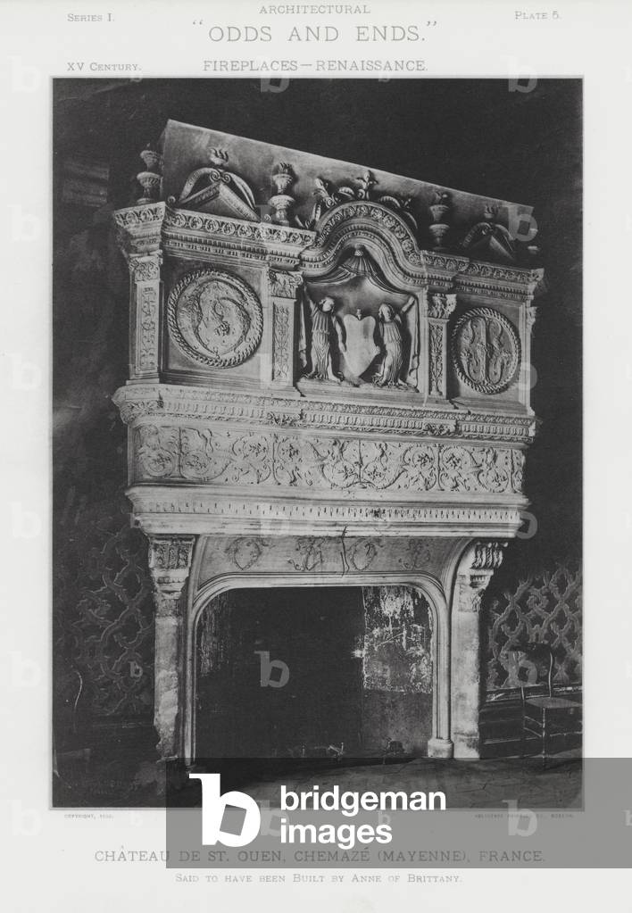 Fireplace: Chateau De St Ouen, Chemaze, Mayenne, France (b/w photo)