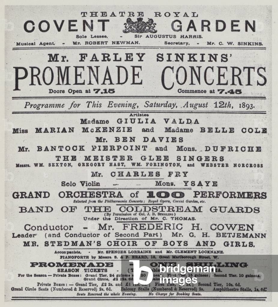 Covent Garden, Mr Farley Sinkins Promenade Concerts, 12 August 1893, programme (litho)