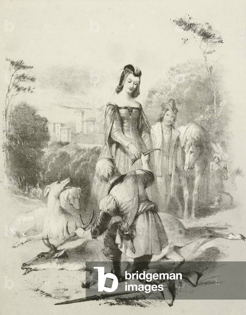The Fair Forester, King James I and his daughter in Greenwich Park (litho)