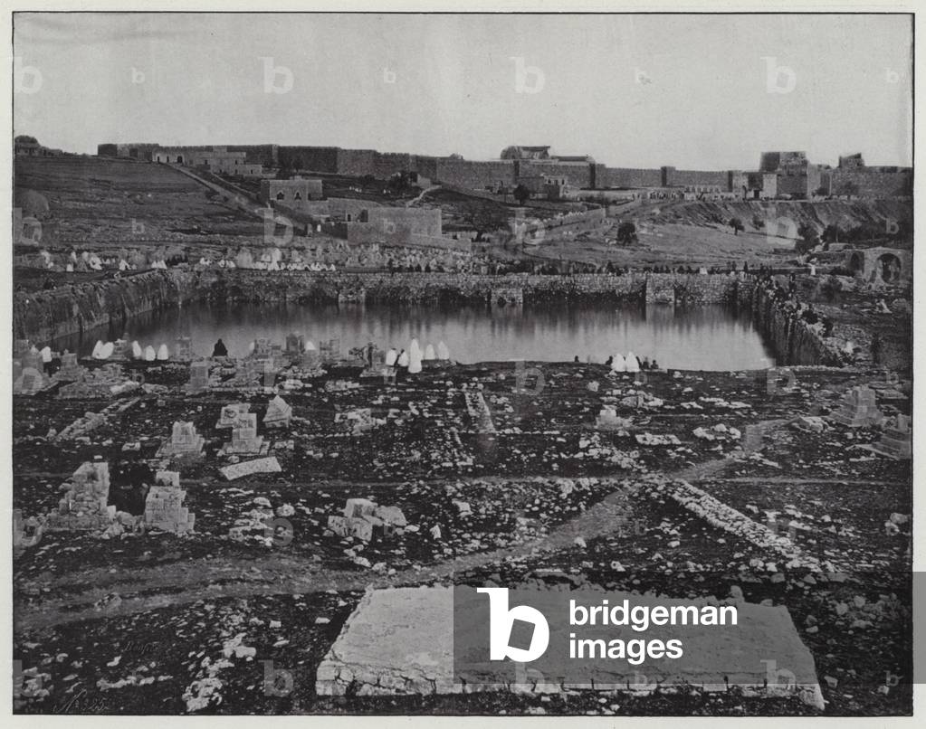 Suburbs of Jerusalem, Reservoir called Birket-Mamillah (b/w photo)