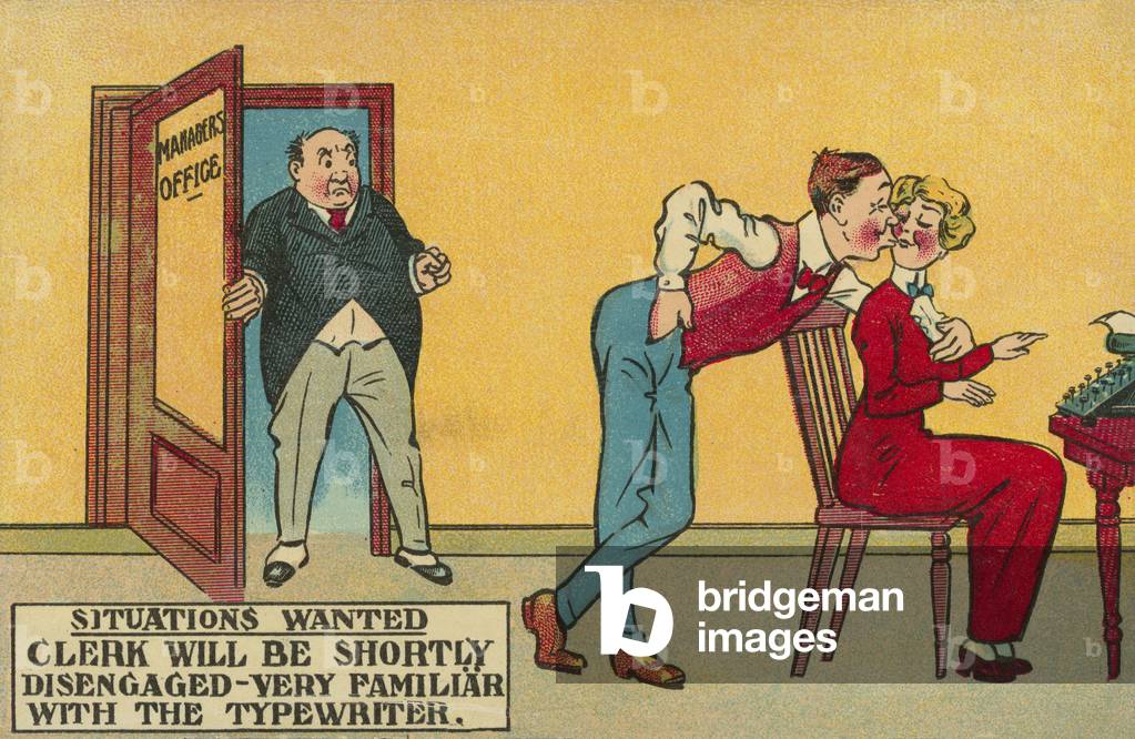 Office romance: a manager looking on disapprovingly as a clerk kisses a typist (chromolitho)