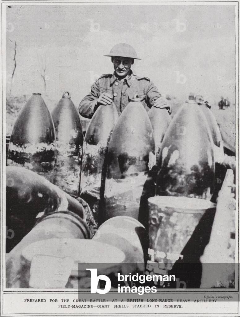 Prepared for the Great Battle, at a British long-range heavy artillery field-magazine, giant shells stacked in reserve (b/w photo)