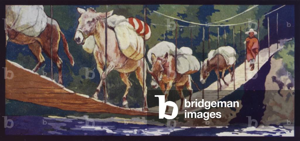 Mules crossing a Bridge (colour litho)