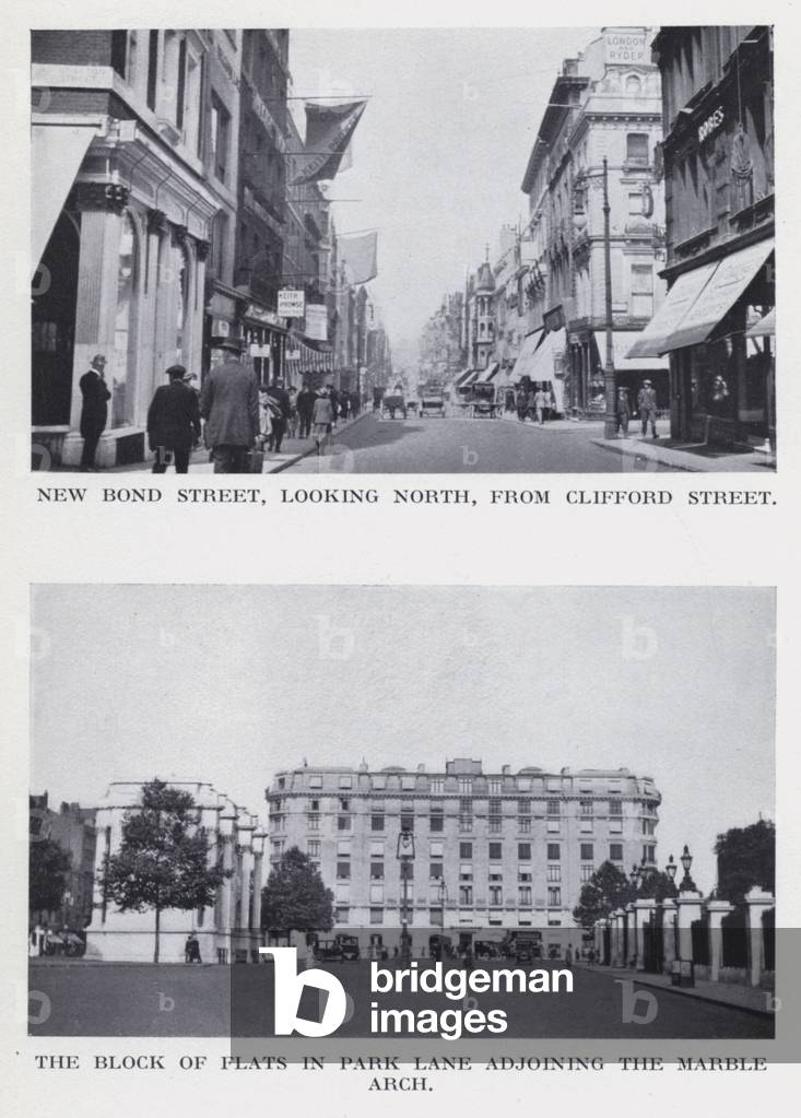 New Bond Street, looking north, from Clifford Street; The block of flats in Park Lane adjoining the Marble Arch (b/w photo)