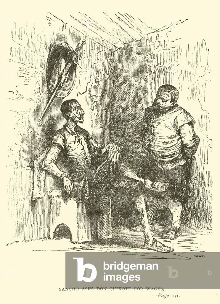 Sancho asks Don Quixote for wages (engraving)