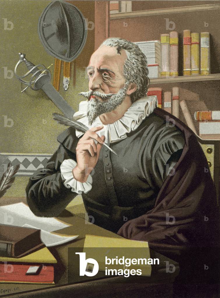 Cervantes in his study (chromolitho)