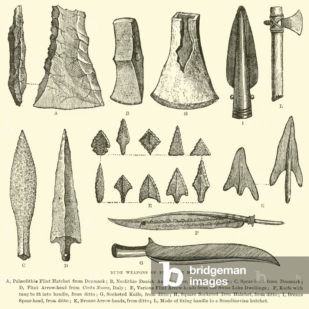 Rude weapons of primitive man (engraving)