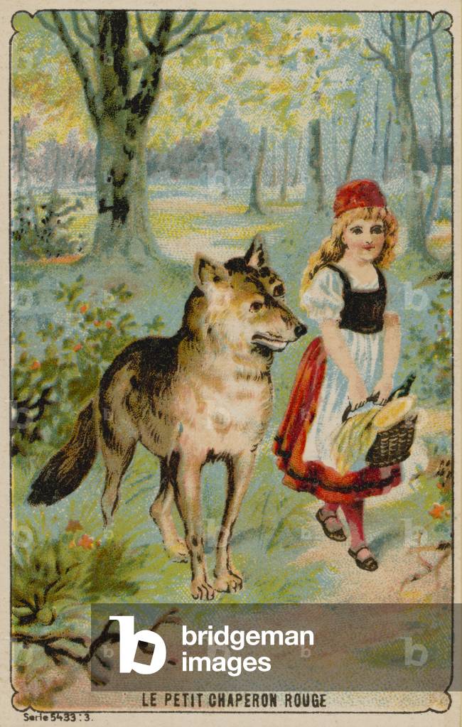 Trade card with an image of Little Red Riding Hood (chromolitho)