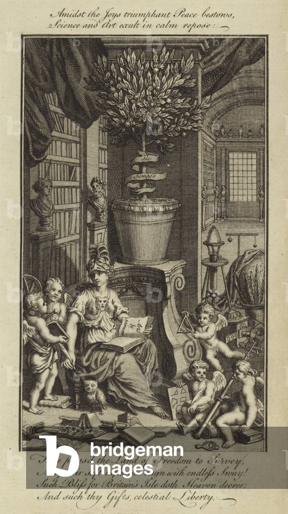Admist the Joys triumphant Peace bestows, Science and Art exult in calm repose (engraving)