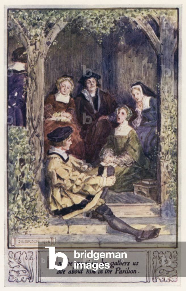 In the evening he gathers us alle about him in the Pavilion (colour litho)