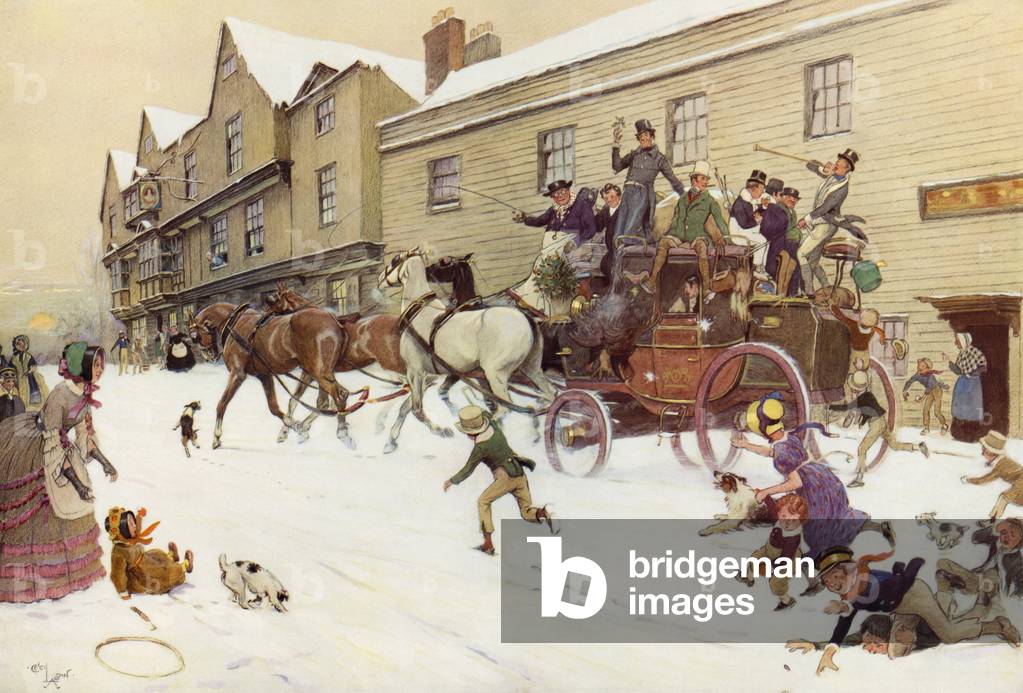 The Christmas Coach at the Bell Inn, Hurley, 1830 (colour litho)