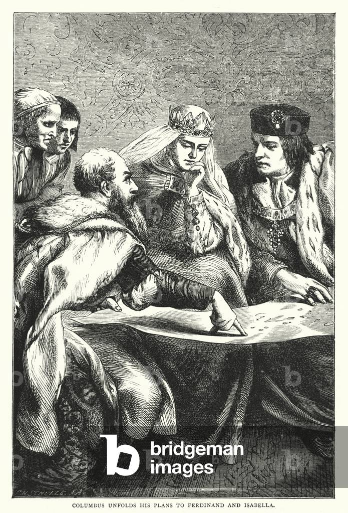 Christopher Columbus unfolds his Plans to Ferdinand and Isabella (coloured engraving)
