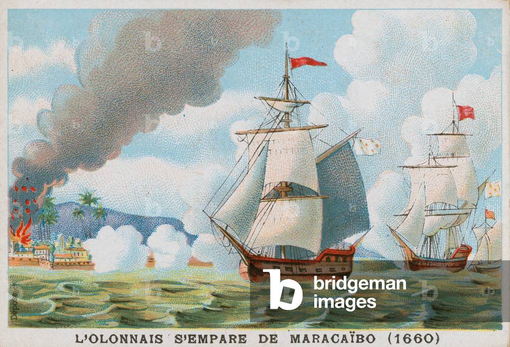 French pirate Francois l'Olonnais attacking Maracaibo, 1660 (chromolitho)