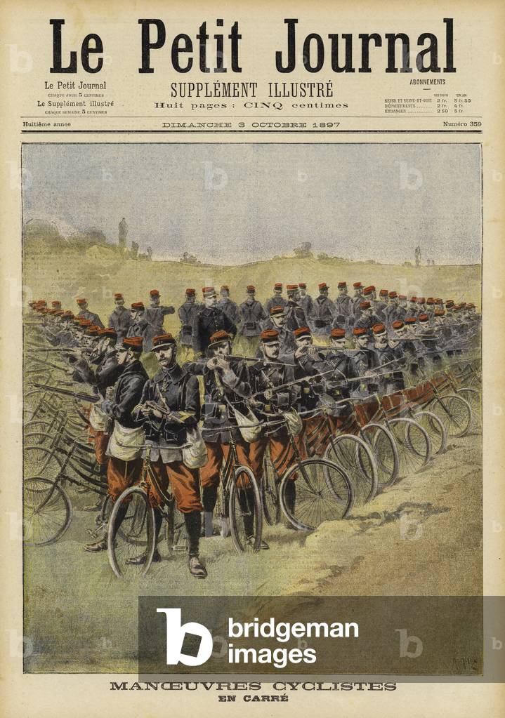 French bicycle troops on manoeuvres (colour litho)