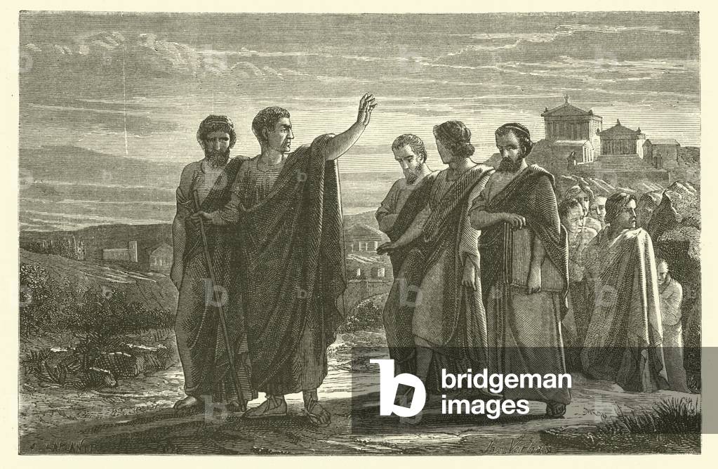 Aristotle exiled from Athens with his disciples (engraving)