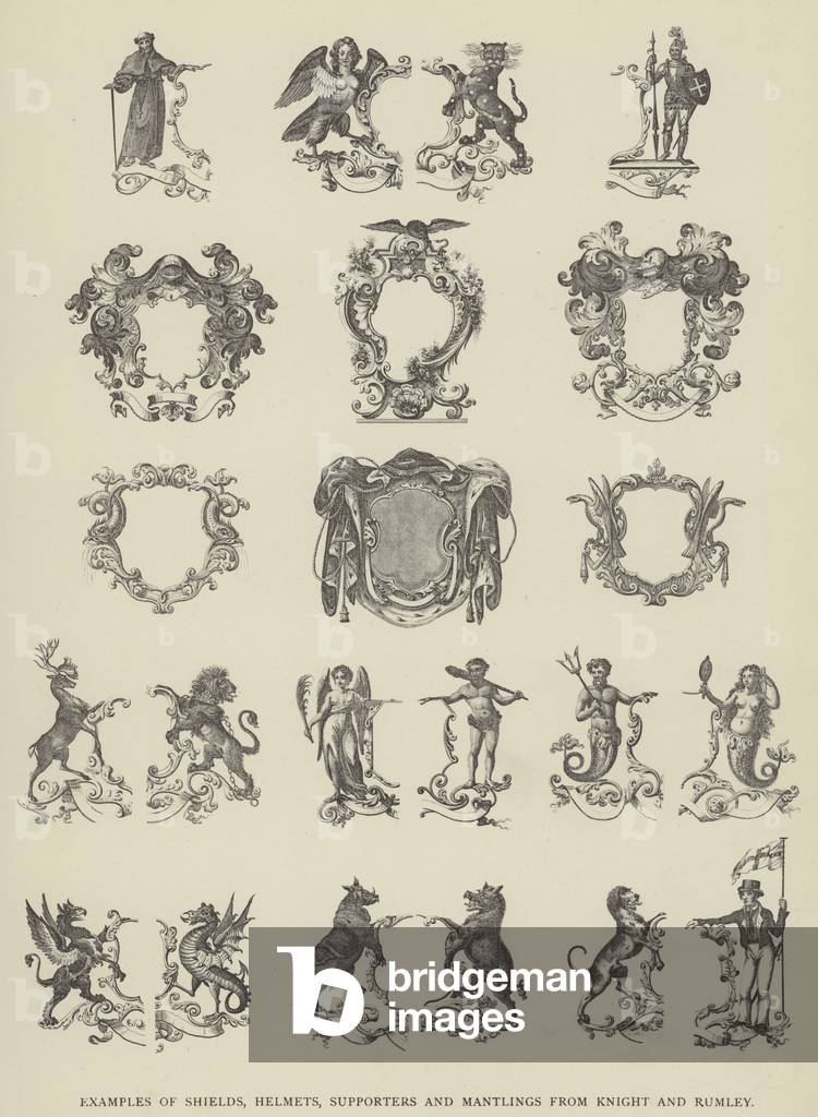 Examples of Shields, Helmets, Supporters and Mantlings from Knight and Rumley (litho)