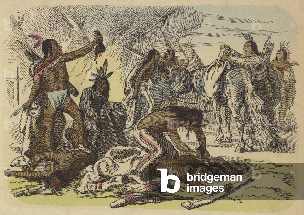 Native American braves taking the scalps of their enemies (coloured engraving)