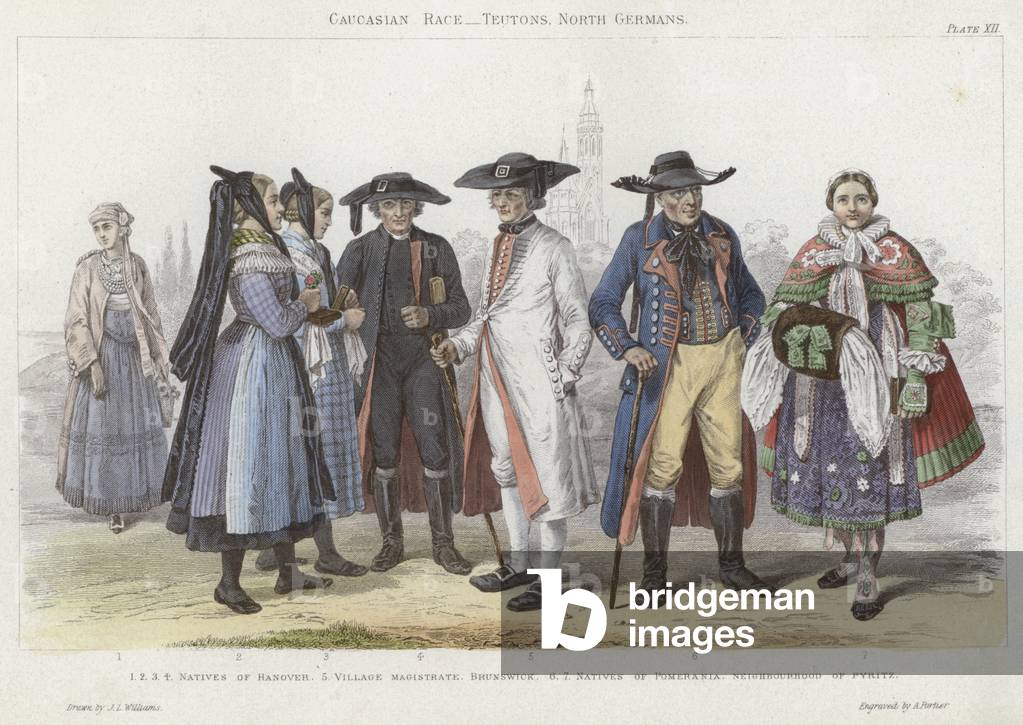 Caucasian Race, Teutons, North Germans (coloured engraving)