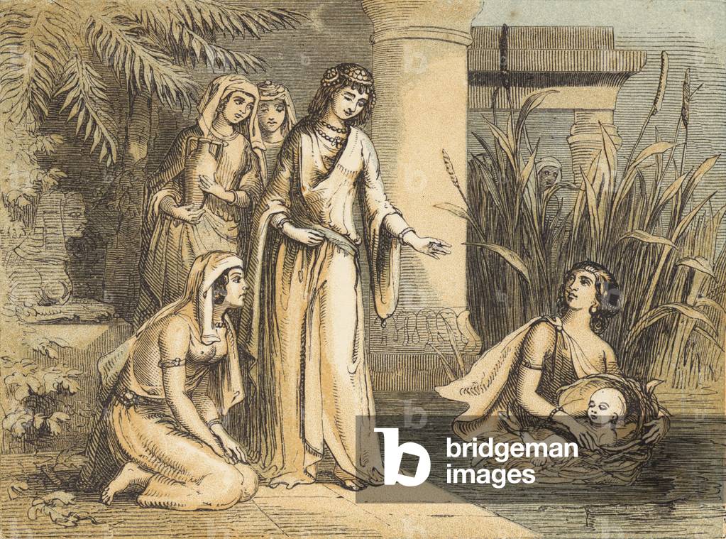 Moses in the Bulrushes (coloured engraving)