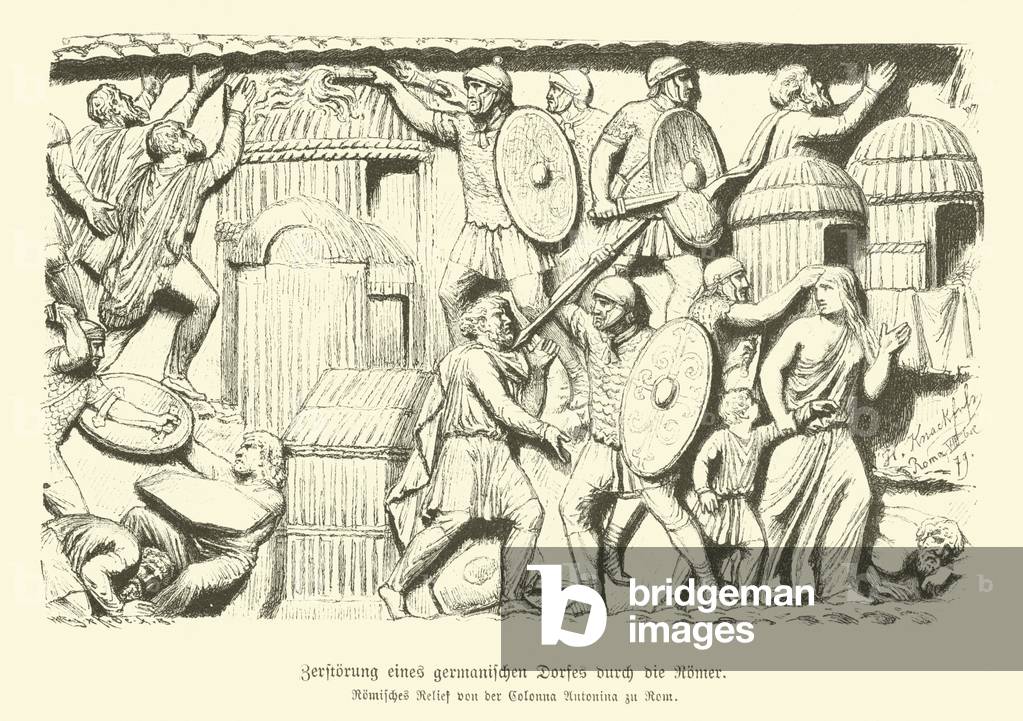 Destruction of a Germanic village by Roman soldiers (engraving)