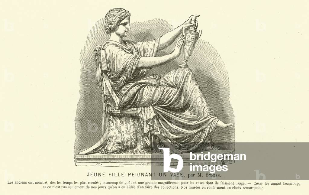 Young woman of ancient Rome painting a vase (engraving)