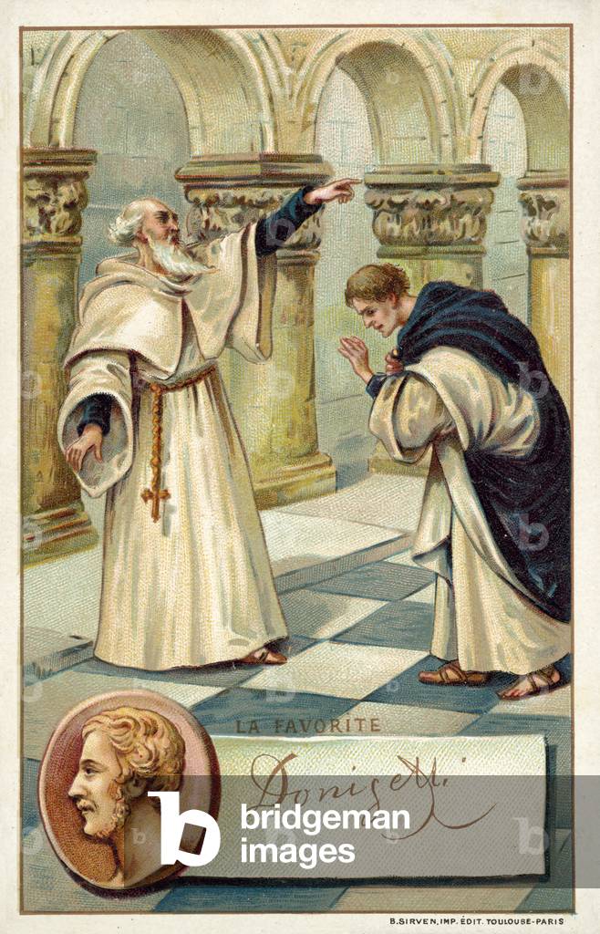 Gaetano Donizetti, Italian composer, and a scene from his opera La Favorite (chromolitho)
