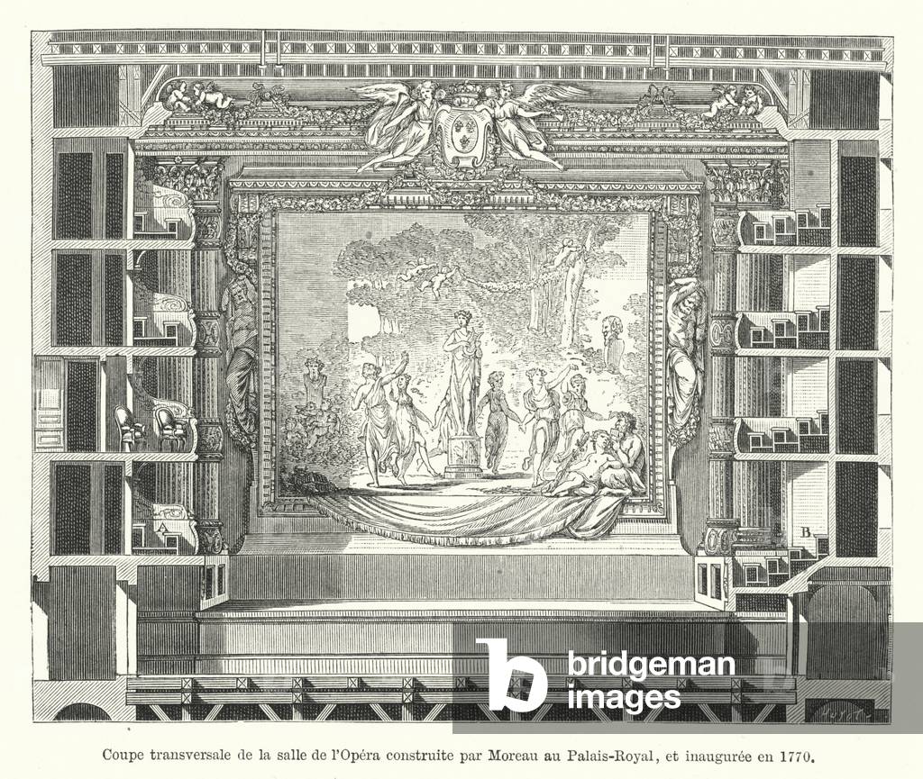 Coupe transversale de la salle de l'Opera construite par Moreau au Palais-Royal, et inauguree en 1770 (engraving)