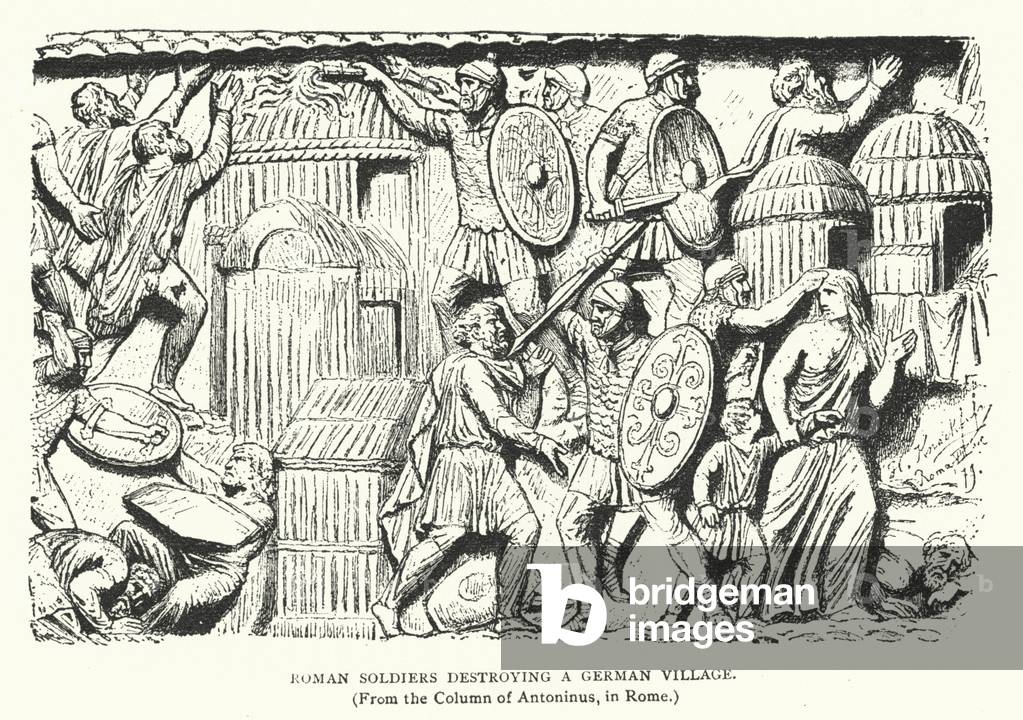 Roman Soldiers destroying a German Village (engraving)