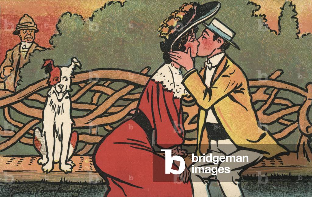 Couple kissing on a bench (colour litho)