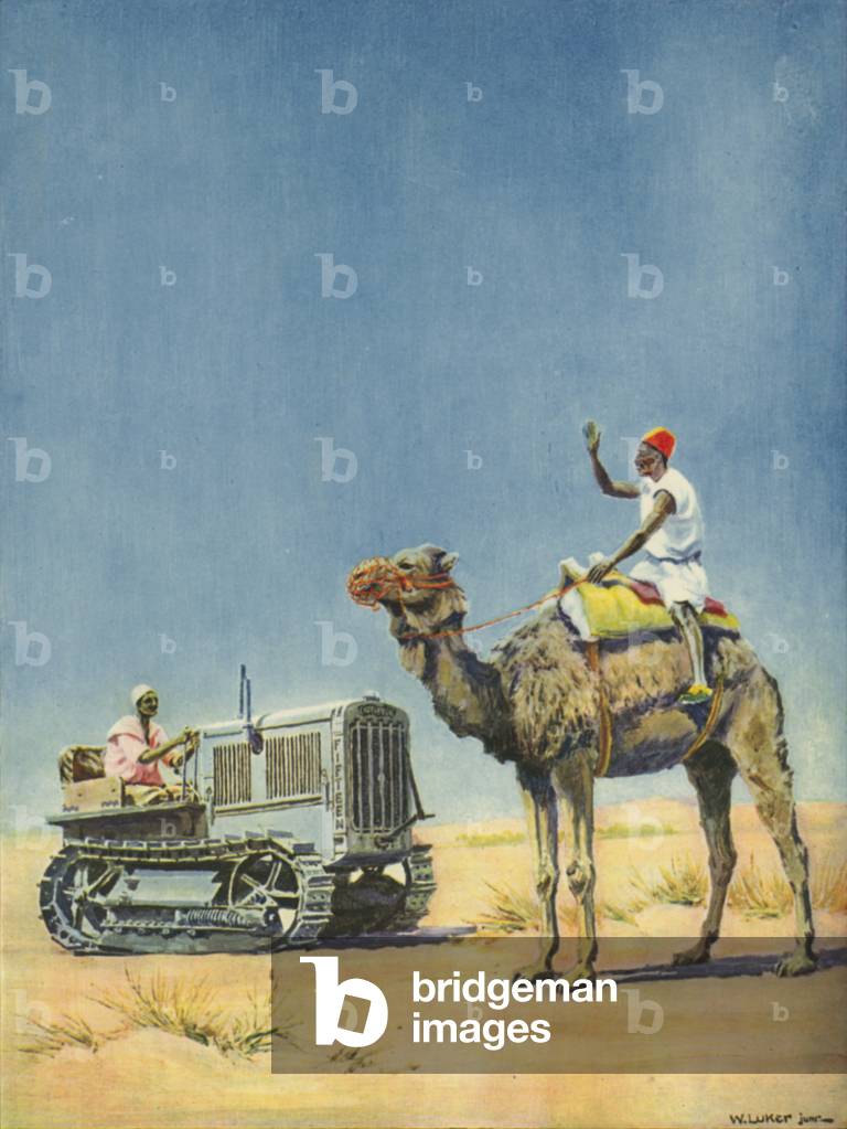 Old and new forms of transport in the desert (colour litho)