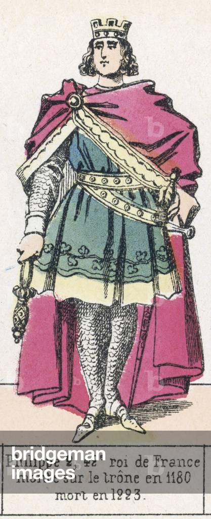 Philippe 2, 42e roi de France, monte sur le trone en 1180, mort en 1223 (coloured engraving)