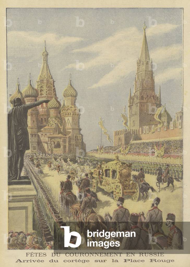 The coronation of Tsar Nicholas II and Tsarina Alexandra of Russia (colour litho)