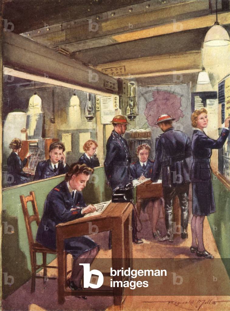 Control room of the wartime British National Fire Service, World War II, 1940s (colour litho)