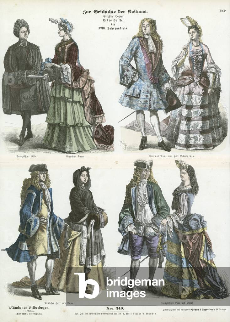 German and French costumes, early 18th Century (coloured engraving)