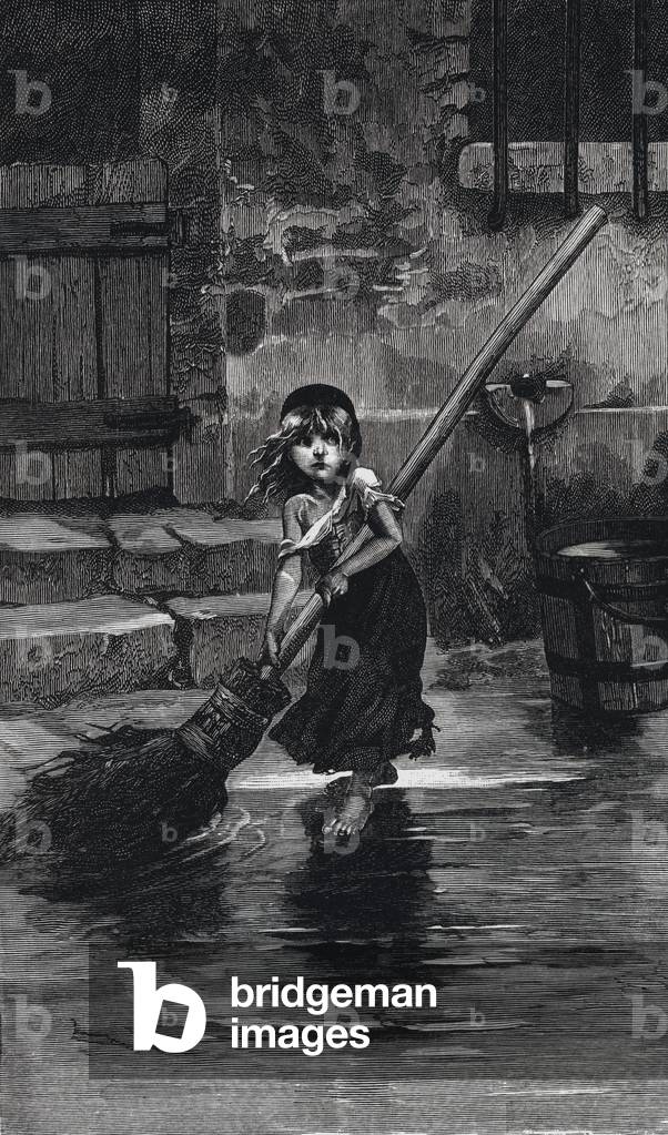 Scene from Les Miserables, by Victor Hugo: Cosette sweeping (engraving)
