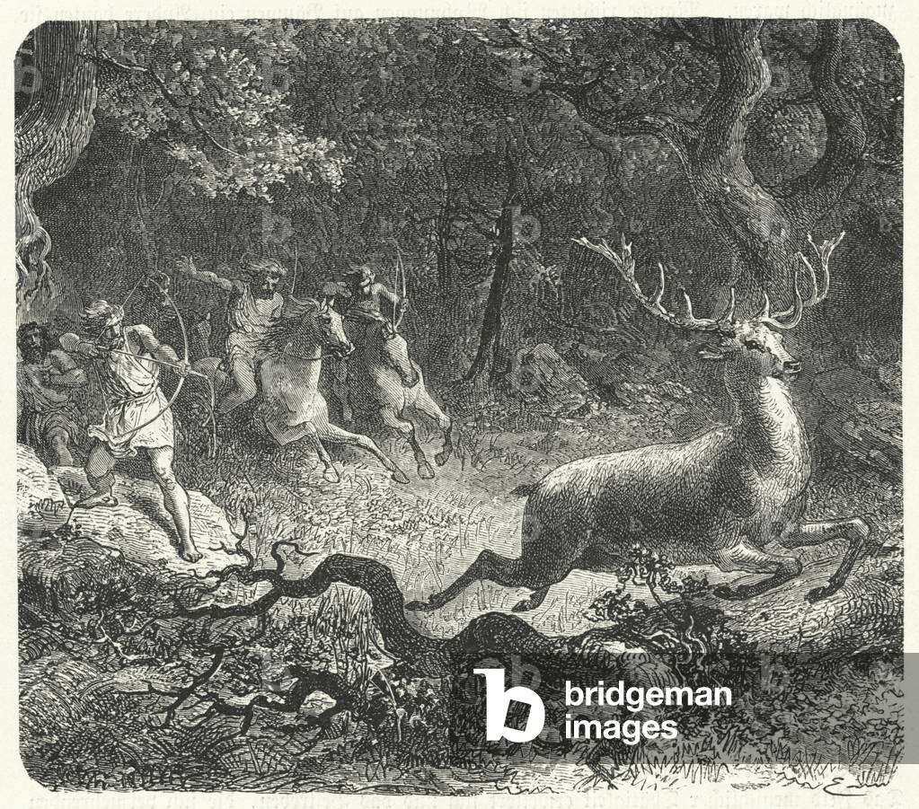Prehistoric men using horses to hunt (engraving)